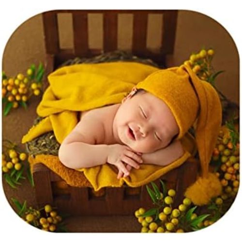 Coberllus Newborn Photography Props Girls Boys Sleepy Knot Hat & Fabric Posing Wrap Blanket Basket Stuffer Photo Prop Set