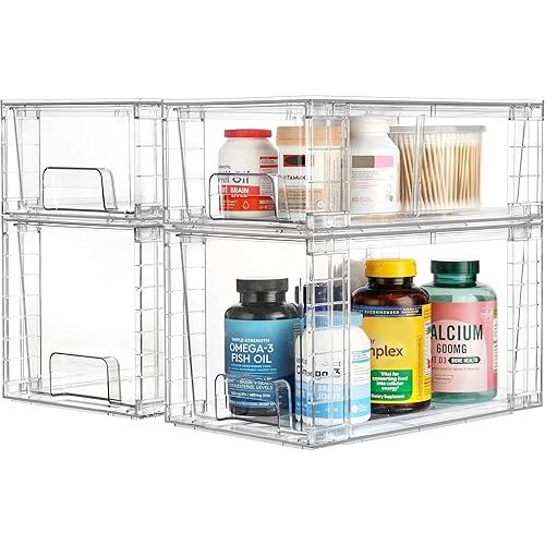 Vtopmart 4 Pack Clear Stackable Storage Drawers,Easy to Assemble Bathroom Organizers and Storage with handles,Plastic Drawers for Kitchen Pantry,Cabinet,Under Sink Organization