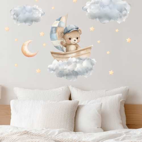 Bear in Boat Wall Decals – Watercolor Nursery Stickers with Clouds, Stars & Moon, Removable and Non-Toxic Baby Room Decor