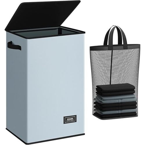 SOLEDI Laundry Hamper with Lid 90L Large & Tall Collapsible Laundry Basket, Clothes Hamper with Bag Removable Easy to Carry, Dirty Hampers for Bedroom, Bathroom, Dorm, College, Blue Grey