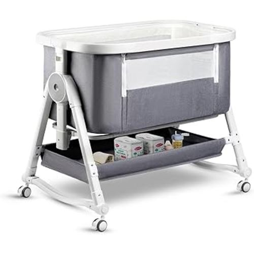 4 in 1 Baby Bassinet, Bassinet Bedside Sleeper with Wheels and Storage Basket, Adjustable 7 Heights Bedside Sleeper with Mosquito Net, Breathable Mesh Rocking Crib for Baby