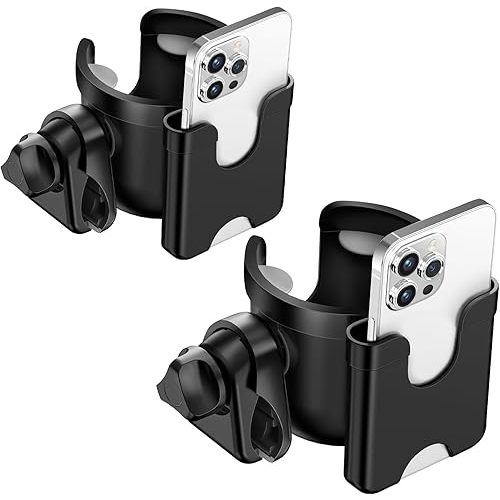 Guiseapue 2 Packs Cup Holder for Walker, Stroller Cup Holder with Phone Holder, Wheelchair, Stroller Accessories for Uppababy, Nuna, Doona, Rollator, Bike, Mobility Scooter, Gift for Her, Him, Mom