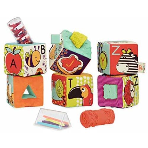 B. toys by Battat ABC Block Party Baby Blocks – Soft Fabric Building Blocks for Toddlers – Educational Alphabet Blocks with 6 Textured Toy Blocks & 5 Shapes – Grab & Stack Blocks, Multicolored