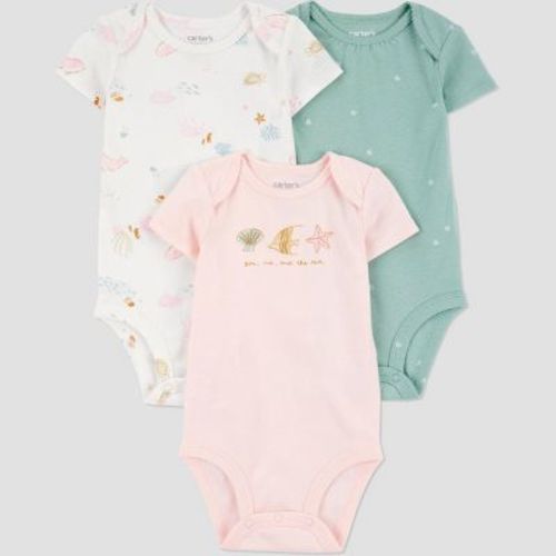 Carter's Just One You®️ Baby Girls' 3pk Bodysuit - Green/Pink/White 12M: Cotton Short Sleeve, Whale & Fish Pattern, Crew Neck