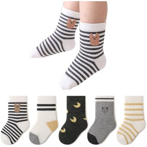 Boys Girls Cotton Ankle Socks, Toddler Striped Animal Print Cute Casual Tube Crew Socks for Baby Kids, 5 Pack
