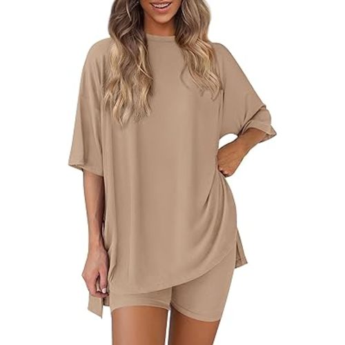 PRETTYGARDEN Women's Two Piece Lounge Set 2025 Summer Casual Oversized Shirts Biker Shorts Matching Airport Travel Outfit