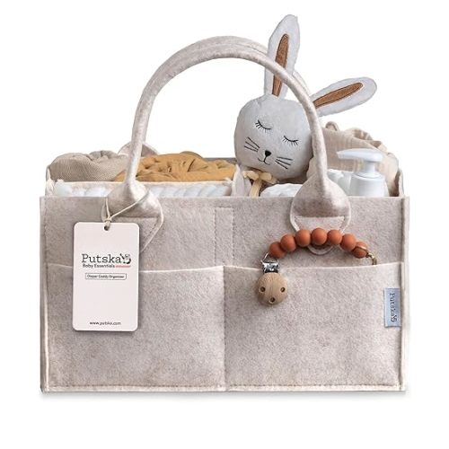 PUTSKA Baby Diaper Caddy Organizer - Nursery Storage Basket for Diaper Station, Baby Basket Shower List and Registry Gift Must-Haves, Newborn Essentials, Nursery Decor for Boy or Girl - Mocha, Large