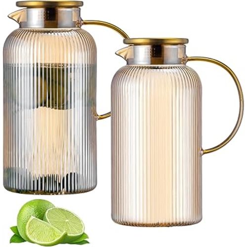 2 PACK Glass Pitcher with Lid, 68 oz/ 2 Liter Amber Classic Vertical Stripes Water Pitcher,Glass Water Carafe for Cold Brew, Coffee, Lemonade, Iced Tea,Beverage, Heat Resistant Water Glass Jug