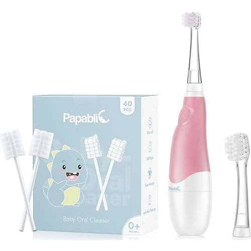 Papablic Baby Oral Care Bundle: Pink Sonic Toothbrush for Teeth (0-3Y) + 40 Disposable Tongue & Gum Cleaners (0-2Y)