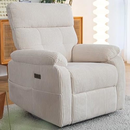 Claiks Power Swivel Rocker Recliner Chair, Oversized Recliner Chairs for Adults, Corduroy Overstuffed Reclining Chair with USB and Type-C Ports for Living Room, White