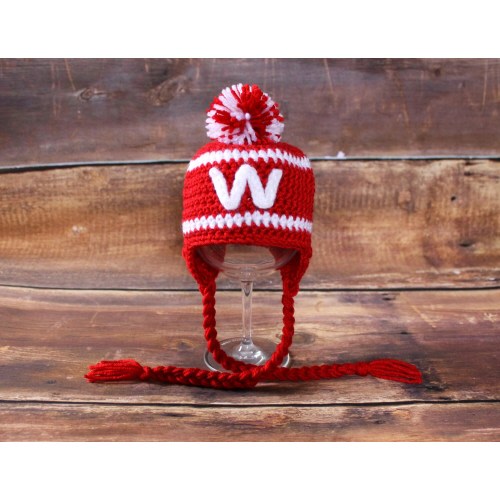 Wisconsin Badgers Inspired Stocking Earflap Hat with pom pom - Newborn baby Toddler Child Wisconsin hat infant stocking cap Bucky knit hat