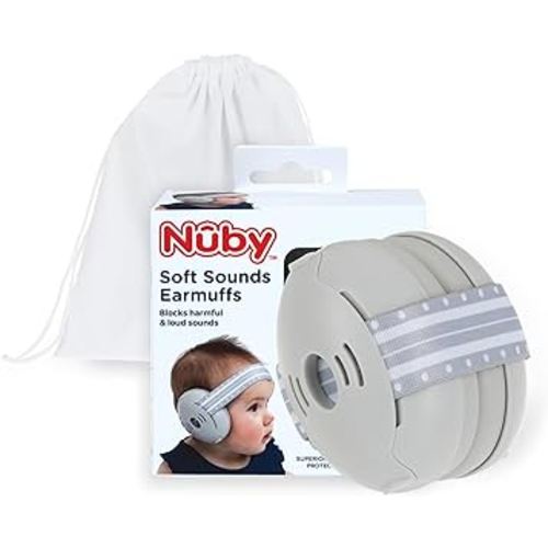 Nuby Soft Sounds Earmuffs - Adjustable Baby Earmuffs - Baby Essentials for Travel - Gray