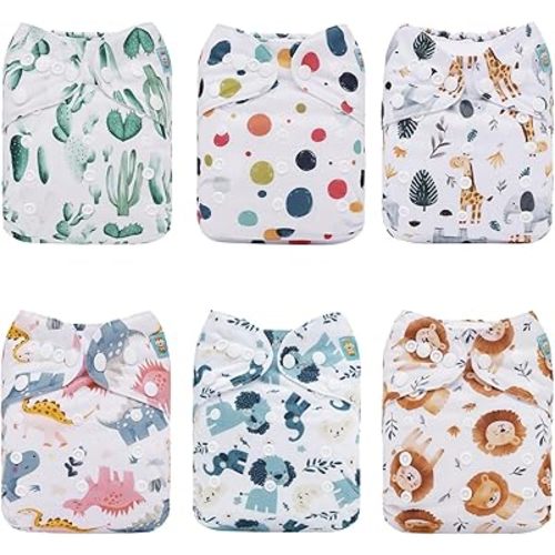 ALVABABY 6 Pack Cloth Diaper with 12 Inserts One Size Adjustable Washable Reusable Diaper Cover for Baby Girls Boys 6DM62-AU