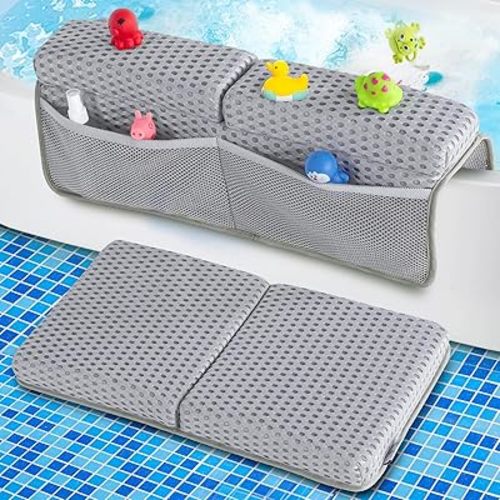Baby Bath Kneeler and Elbow Rest Pad Set, 1.5'' Thick Quickly Dry Bathtub Kneeler Pad with Baby Toys & Bath Accessories Organizer, Kneeling and Elbow for Baby Tub, Non-Slip Mat(Light Grey)