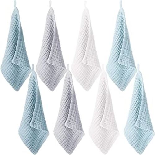 8 Pcs Baby Washcloths for Newborn 12 x 12 Inch Muslin Face Towels Cotton Absorbent for Delicate Skin Soft Muslin Cloth Reusable Baby Registry as Shower Gift, 4 Colors (Blue Color)