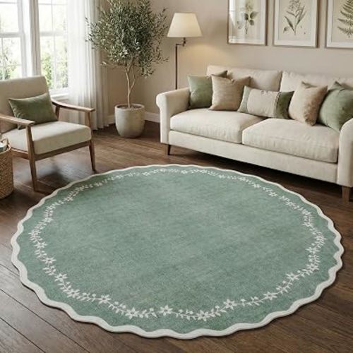 GarveeHome Round Rugs 6ft Scalloped Washable Circle Rug for Dining Room