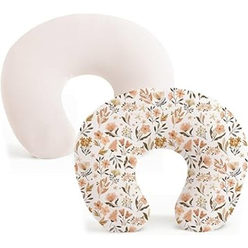 Konssy 2 Pack Nursing Pillow Covers, Stretchy and Soft Nursing Cover for Breastfeeding Pillows, Pillow Slipcover for Baby Girls Boys Newborn (Beige,Watercolour-Flower)
