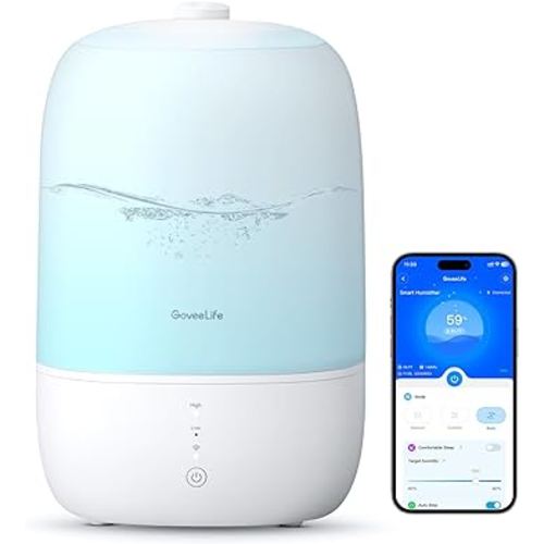 GoveeLife Smart Humidifiers for Bedroom, 3L Top Fill Cool Mist Humidifiers with Essential Oil Diffuser, Humidity Control, WiFi Air Humidifier with Night Light, for Baby, Plants, Home, Work with Alexa
