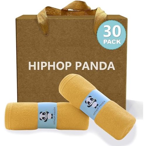 HIPHOP PANDA Baby Washcloths, Rayon Made from Bamboo - 2 Layer Ultra Soft Absorbent Newborn Bath Face Towel - Reusable Baby Wipes for Delicate Skin - Honey, 30 Pack