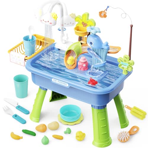 SHXYKZ Water Table for Toddlers 1-3, Water Table for Kids Ages 4-8 with Pump, Play Sink with Running Water, Kitchen Sink for Toddlers, Fishing Game and Outside Sensory Toys, Blue