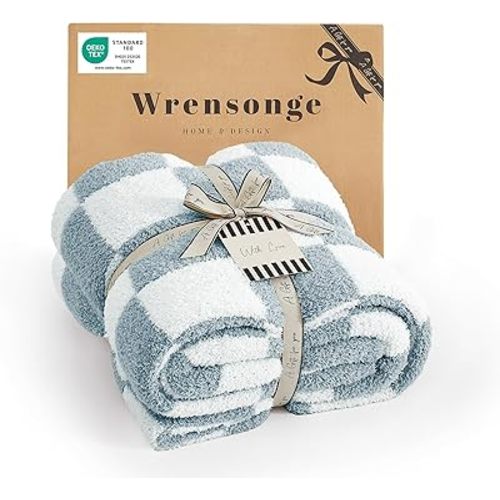 Checkered Throw Blanket, Grey Blue Soft Cozy Fluffy Warm Hand Made Throw Blankets for Couch, Sofa, Chair, Bed, Camping, Picnic, Travel Lightweight Bed Blanket - 50"*60"