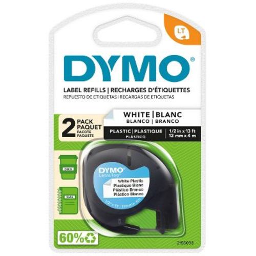 DYMO LetraTag 2pk Label Tape Cassette Black on White Plastic: Refill for Label Maker, Cassette Labels, Black Ink