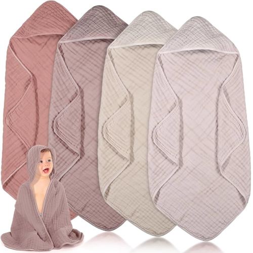 Peryiter 4 Pcs Muslin Hooded Baby Towels,32"x 32" Cotton Newborn Bath Towel Muslin Infant Baby Blankets Absorbent Unisex Newborn Registry Gift for Girls Boys (Beige Series)