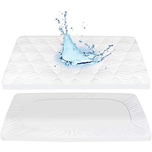 Pack n Play Mattress Pad 2 Pack,Mattress Cover Waterproof Mini Crib Protector,27" X 39" - Soft Fitted Portable Mini Cribs, Graco Pack 'N Play and Foldable Mattresses, Waterproof Playpen SheetWhite