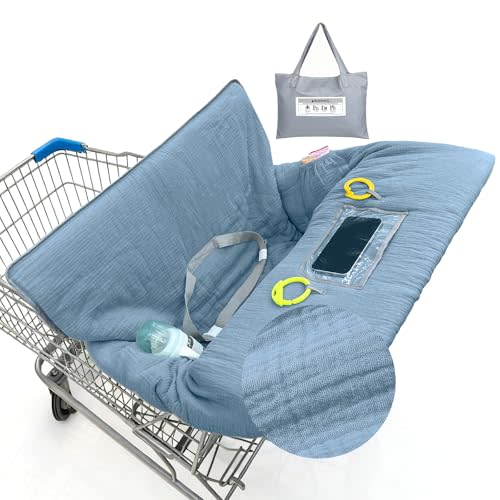 Muslin Shopping Cart Cover for Baby Soft & Breathable High Chair Covers for Restaurant Seat Grocery Cart Cover with Storage Pocket Machine Washable for Infant Toddler Boy Girl, Dusty Blue