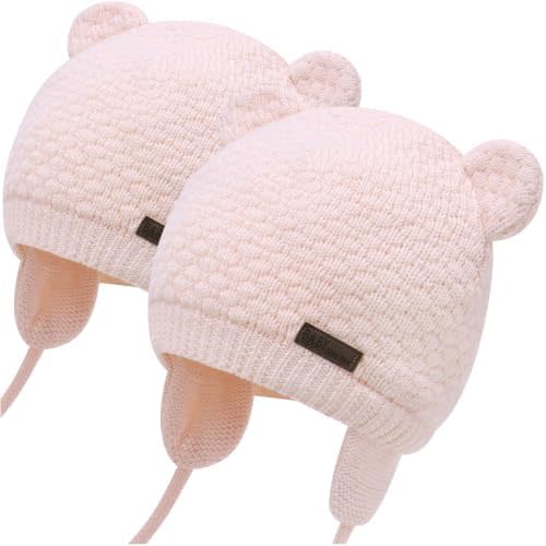 Duoyeree Baby Winter Hat, Bear Knit Earflaps Cotton Lined for Toddler Kids