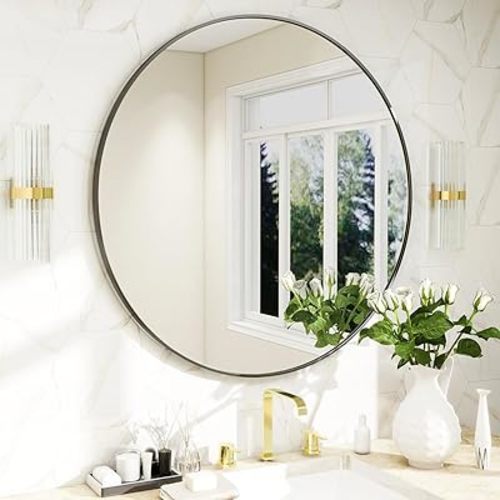 BEAUTYPEAK 24 Inch Round Mirror, Black Metal Frame Circle Mirror, Wall Mirror for Entryway, Bathroom, Vanity, Living Room, Circle Mirror, Black