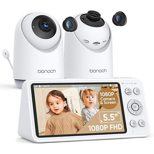 bonoch Baby Monitor with 2 Cameras - Split Screen Dual Baby Monitor No WiFi with Camera and Audio, 7800 mAh, 1800ft Range, Auto Night Vision, Recording & Playback, 10° Wide-Angle, VOX