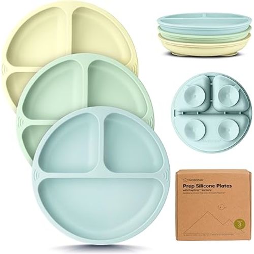 KeaBabies Suction Plates for Baby, Toddler - 3-Pack 100% Silicone Toddler Plates, Divided Baby Plates with Suction, Silicone Plates for Baby, Kids, BPA-Free, Microwave, Dishwasher Safe (Pastel Sky)