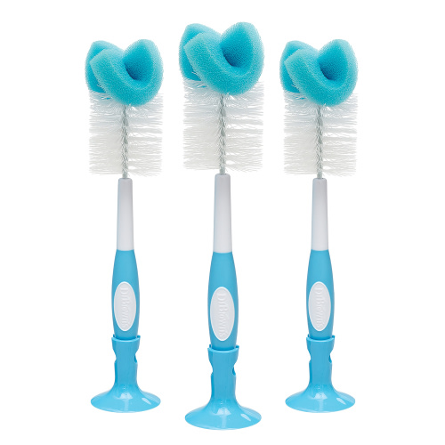Dr. Brown's Baby Bottle Brush with Suction Cup Stand, Sponge, Scrubber & Nipple Cleaner Blue, 3 Pack