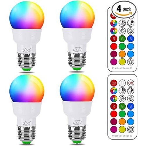 ILC RGB LED Color Changing Light Bulb, 40W Equivalent, 450LM, 2700K Warm White 5W E26 Screw Base RGBW, Flood Light Bulb- 12 Color Choices - Timing Infrared Remote Control (4 Pack) - 4 Count (Pack of 1)