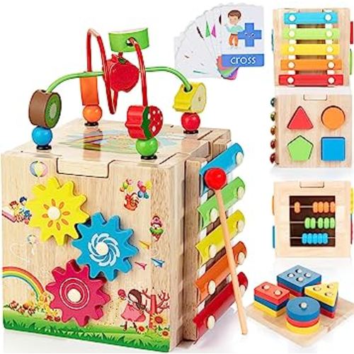 Bravmate Wooden Activity Cube | 8-in-1 Montessori Toys for 12M+ Toddlers, One Year Old First Birthday Gift, Baby Toy Set with Bonus Sorting & Stacking Board
