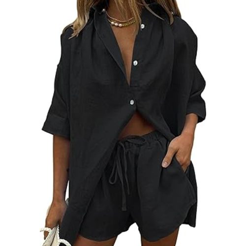 Meenew Women's 2 Piece Outfits Button Down Short Sleeve Shirts and Shorts Set Summer Sweatsuits Loungewear Set