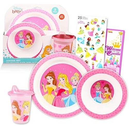 Disney Princess 5-Piece Dinnerware Set for Kids, Toddlers - Plastic Plate, Bowl, Cup with Cinderella Stickers and Castle Door Hanger