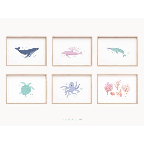 Girls Nautical Nursery Mini Prints - Pink Ocean Animals, Ocean Kids Room Art, Pink Ocean Baby, Nautical Baby, Ocean Children's Print