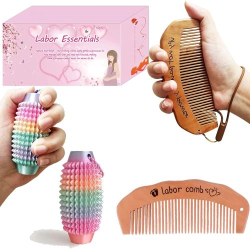 Labor & Delivery Essentials Kit: Wooden Birth Comb + Little Ouchies Pain Fidget Massager - Pregnancy Must - Haves for Comfort During Childbirth (Wood)