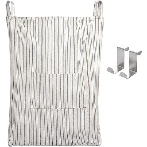 AELS Farmhouse Hanging Laundry Hamper with 2 Hooks, Washable Beige & Stripes Linen Laundry Bag with Zipper & Wide Open Top, Over the Door Organizer for Dirty Clothes, Space Saving Storage