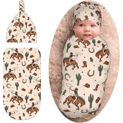 Western Baby Stuff Swaddle Blanket with Beanie Set, Soft Cactus Baby Swaddle Sack Newborn Sleeping Sacks for Girls Boys