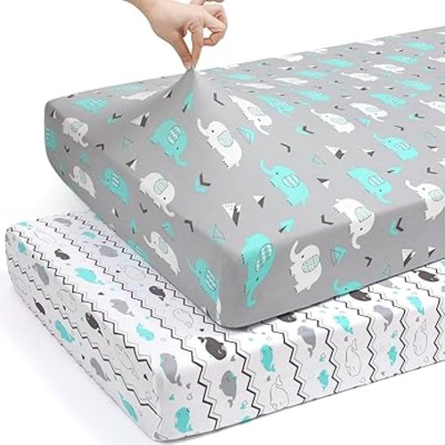 BROLEX Baby Fitted Crib Sheets: Kid Crib Sheets - Set of 2 for Toddler Standard Size Crib Mattress for Boys and Girls - Jersey Knit Crib Bed Sheets Elephant Whale