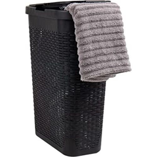 Mind Reader Slim Laundry Hamper with Lid, 40L Clothes Basket, Premium Wicker Design, Plastic, Black