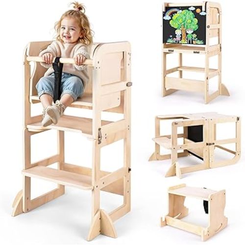 6 in-1 Toddler Kitchen Step Stool with Wooden Stool, Foldable Learning Standing Tower with Blackboard & Feeding Tray, Wooden Kitchen Stool Helper for Kids, 1-3 Year Old Boy Girl Gifts