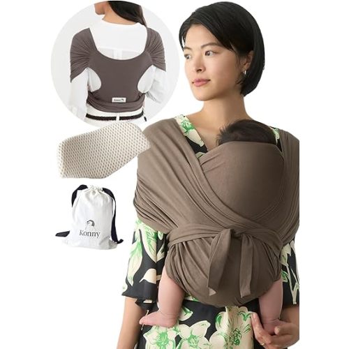 Konny New and Improved Baby Carrier Flex SoftBreeze(Head Support) - Adjustable, Easy to Wear and Wrap Baby Sling, Baby Wrap Carrier, Perfect for Newborn Babies Essentials up to 44 lbs (XS-XL) - Mocha