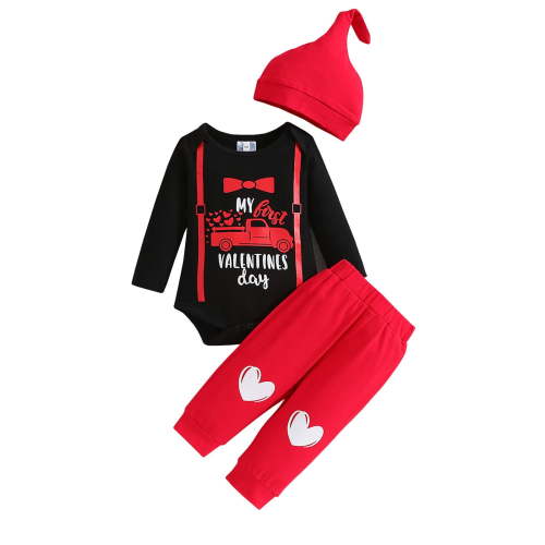 ANINEO My First Valentines Day Baby Boy Outfits Red Romper Onesie Heart Pants Hat Long Sleeve Clothes Set