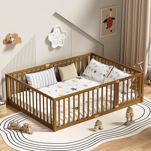 LLS Full Size Floor Bed with 21.6" High Fence for Kids Boys Girls, Solid Wood Multifunctional Montessori Bed Frame with Door, Without Slats, Light Espresso