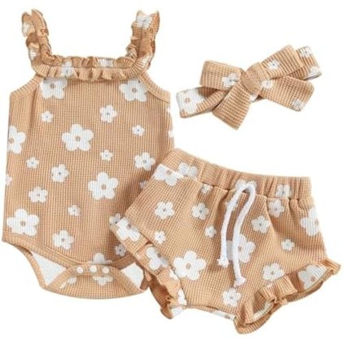 Newborn Infant Baby Girl Summer Clothes Outfits Set Floral Print Romper Tops Drawstring Short Headband Clothes Set