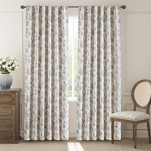 jinchan Blackout Floral Curtains for Bedroom, 84 Inches Long Printed Flower Black Out Curtains, French Country Back Tab Taupe Window Treatment Farmhouse Drapes Set 2 Panels Taupe